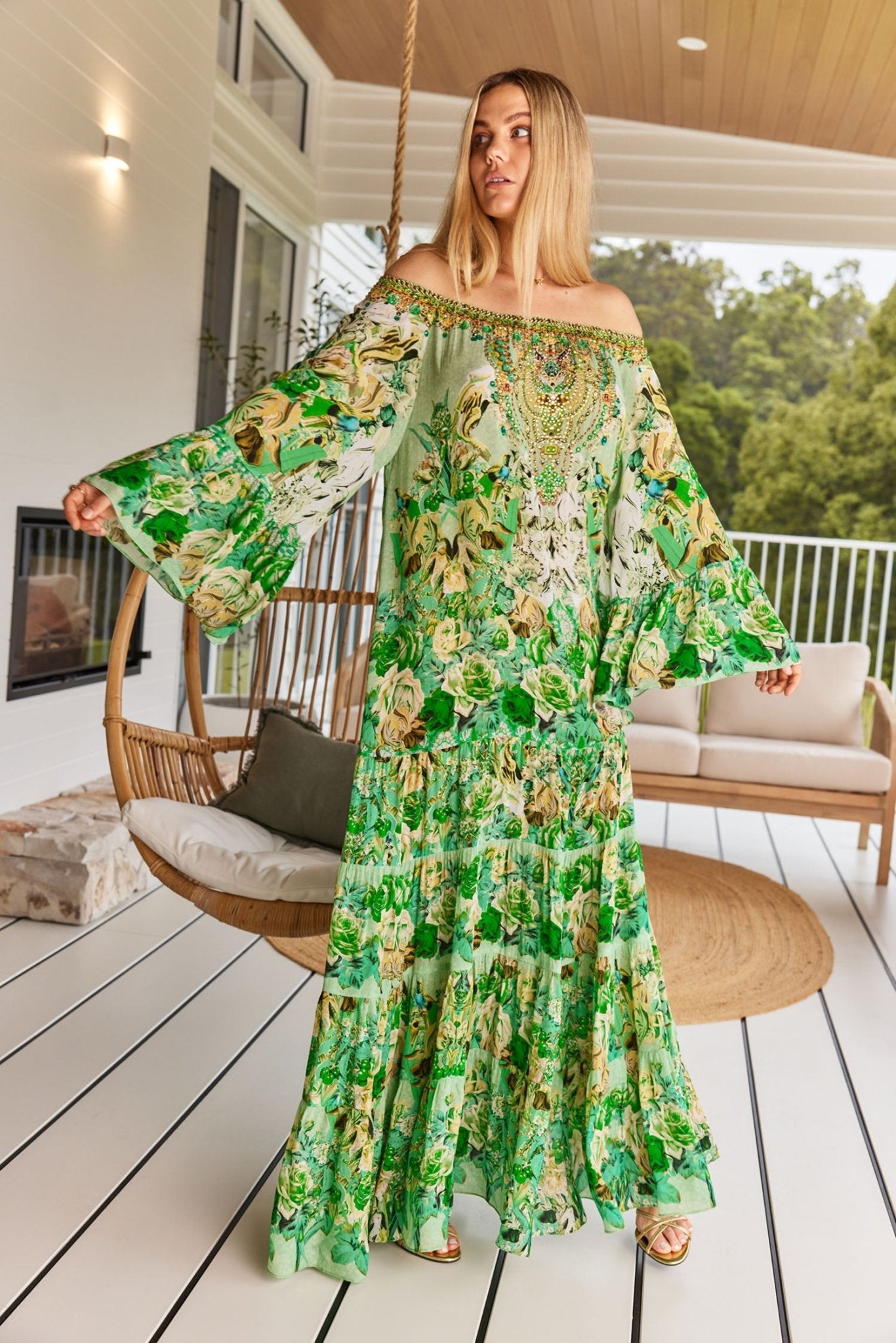 Green and white floral sale maxi dress