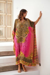 PINK LEOPARD SILK BIG WIDTH LONG KAFTAN - Czarina