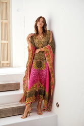 PINK LEOPARD SILK BIG WIDTH LONG KAFTAN - Czarina