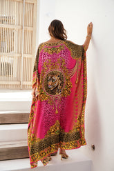 PINK LEOPARD SILK BIG WIDTH LONG KAFTAN - Czarina