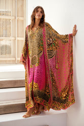 PINK LEOPARD SILK BIG WIDTH LONG KAFTAN - Czarina