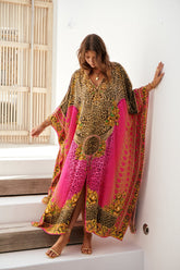 PINK LEOPARD SILK BIG WIDTH LONG KAFTAN - Czarina