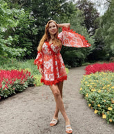 RED CORAL SHORT WRAP DRESS W LACE - Czarina