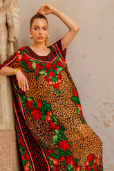 ROSE LEOPARD ROUND NECK LONG KAFTAN - Czarina