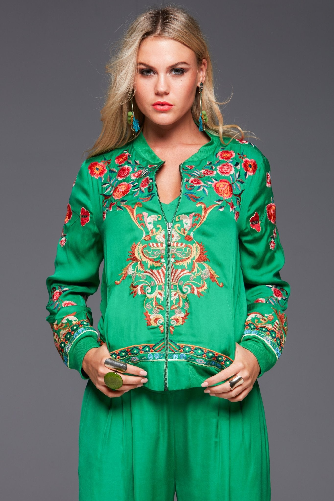 SIMPLY GREEN EMBROIDERED BOMBER JACKET - Czarina
