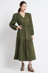 SIMPLY OLIVE V-NECK LONG DRESS W SLEEVES - Czarina