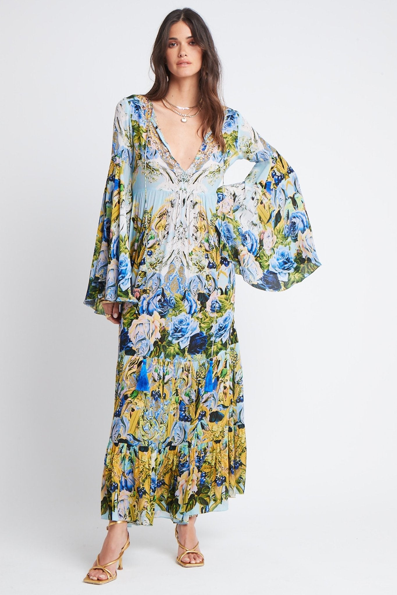 SUMMER BLUES MAXI DRESS W BELL SLEEVES - Czarina