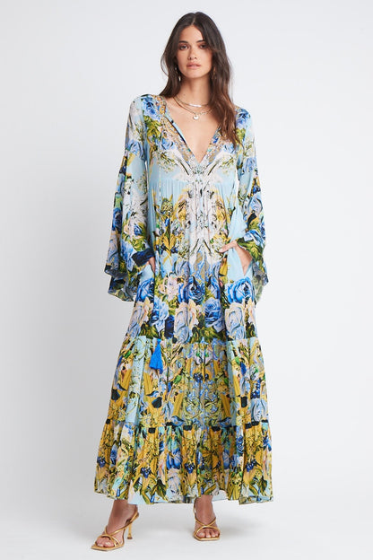 SUMMER BLUES MAXI DRESS W BELL SLEEVES - Czarina