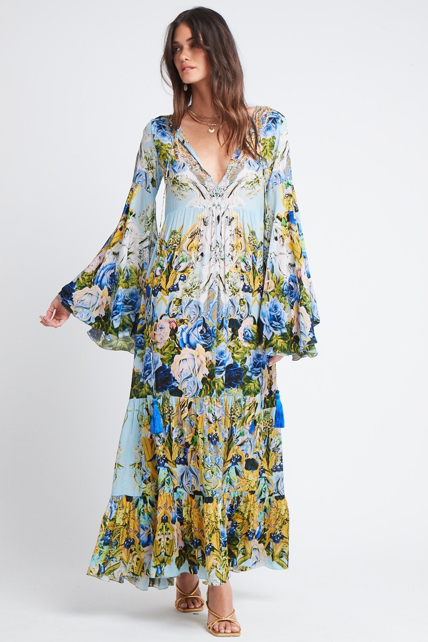 SUMMER BLUES MAXI DRESS W BELL SLEEVES - Czarina