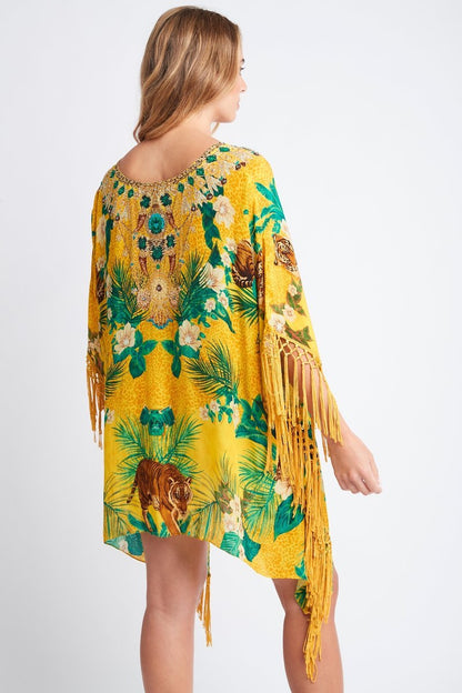 TROPICAL TIGRESS KAFTAN TOP W FRINGE - Czarina