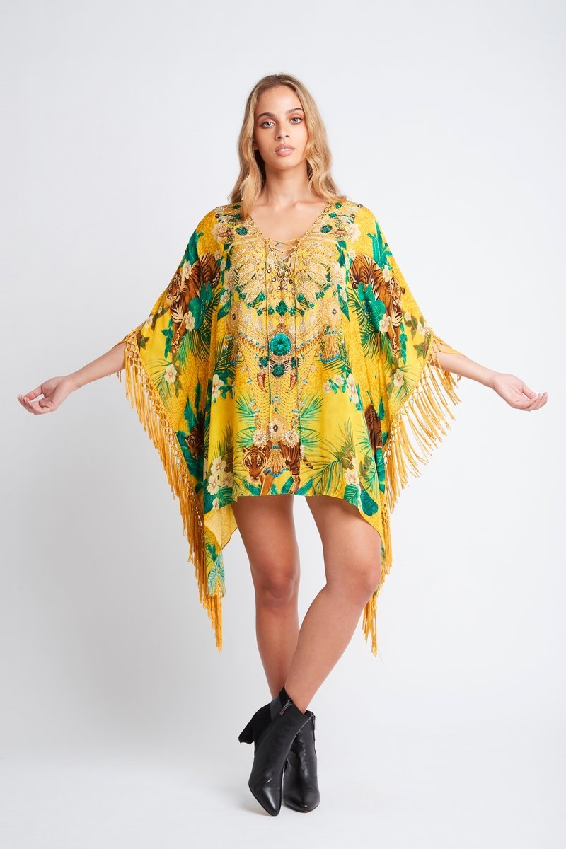 TROPICAL TIGRESS KAFTAN TOP W FRINGE - Czarina