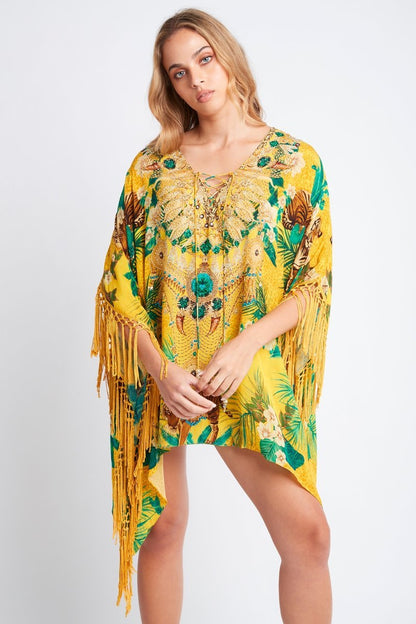 TROPICAL TIGRESS KAFTAN TOP W FRINGE - Czarina