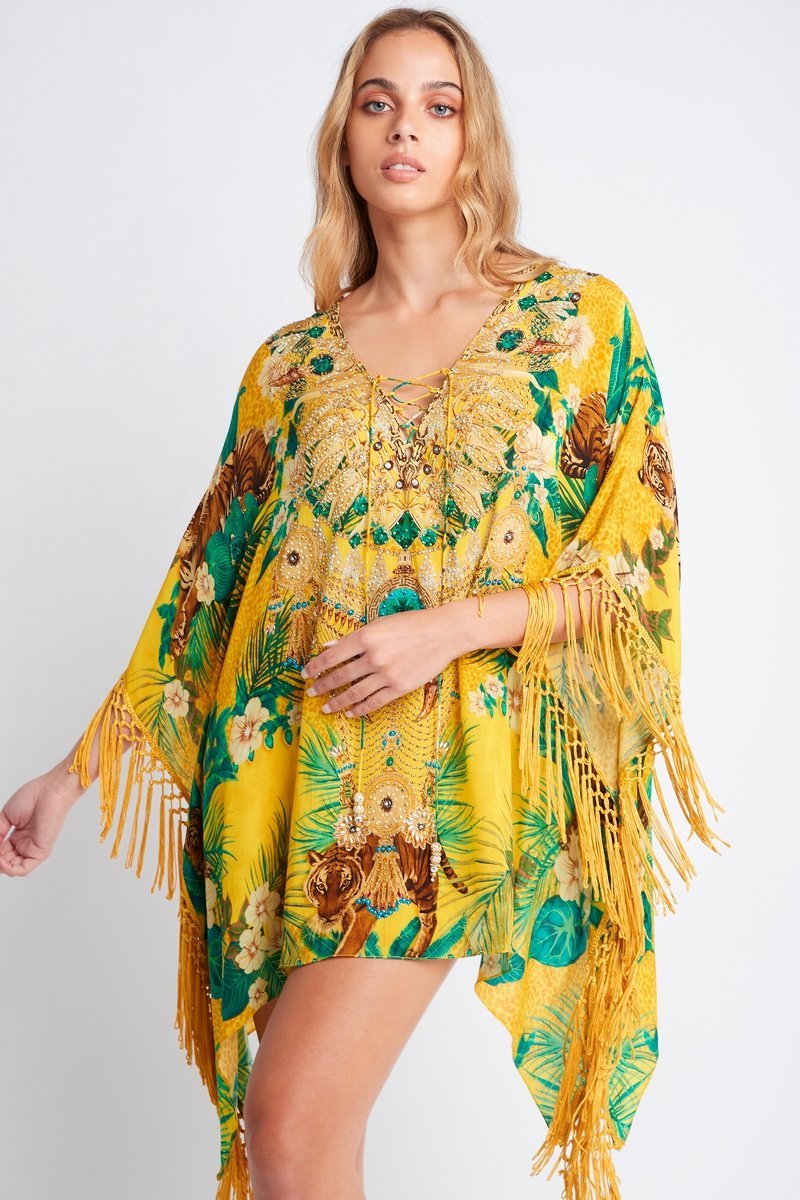 TROPICAL TIGRESS KAFTAN TOP W FRINGE - Czarina